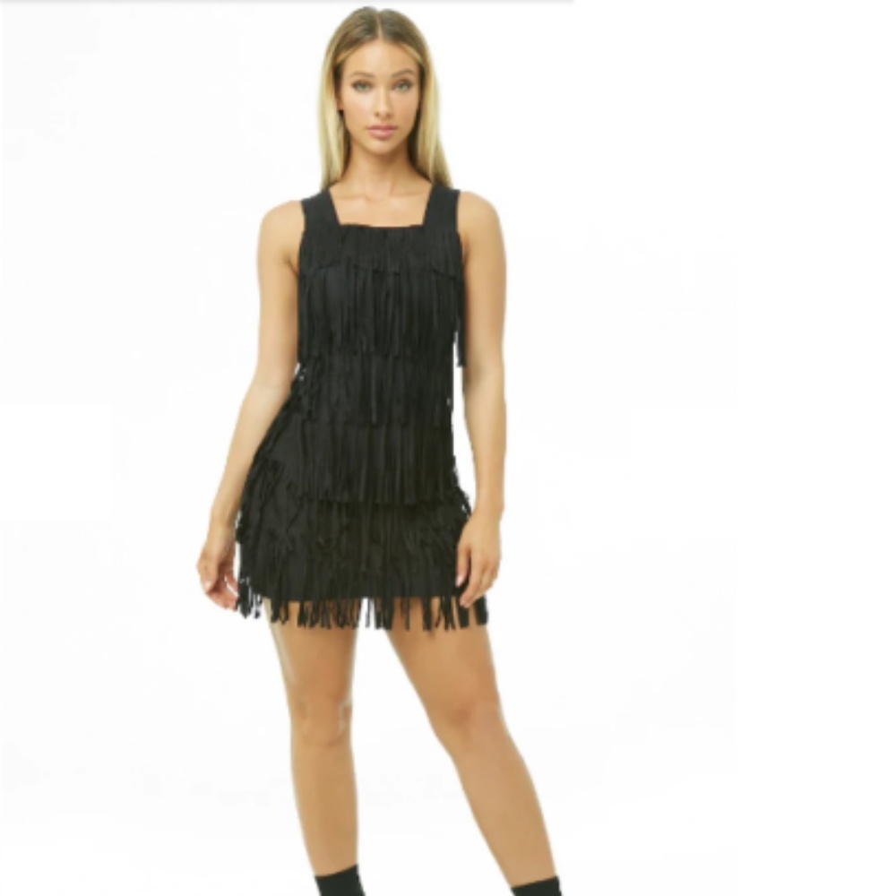 Black Tiered Fringe Faux Suede Dress Sz M GATSBY